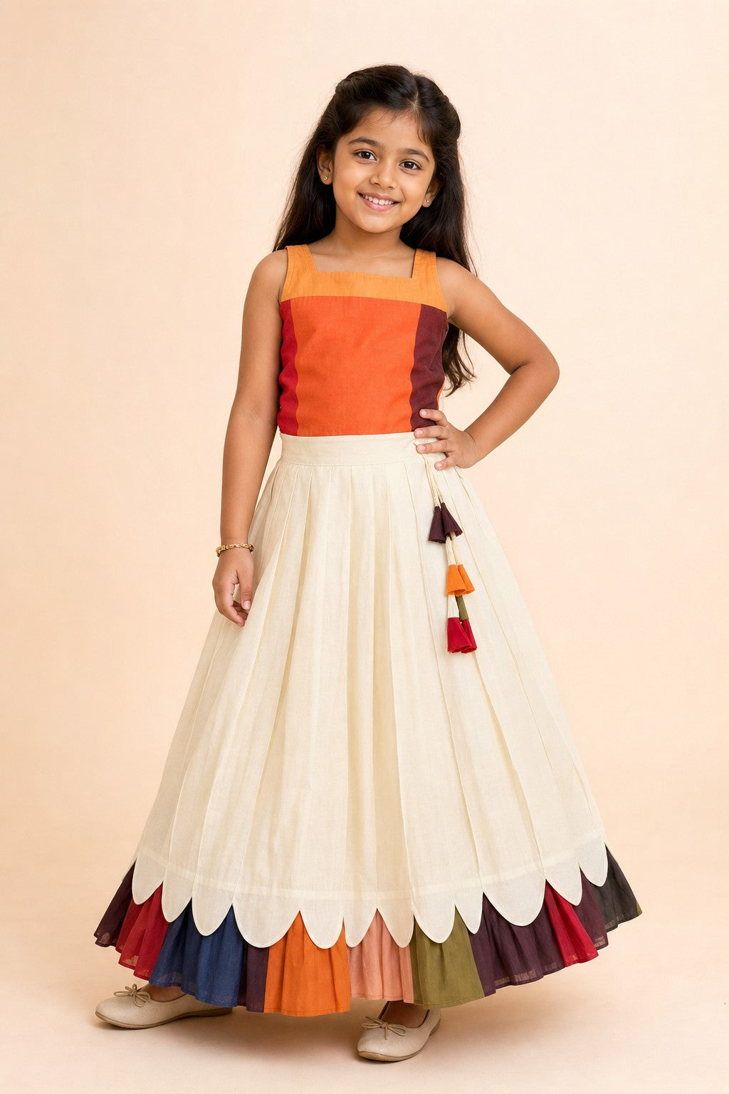 Girls Pleated Lehenga Set Cream - front view