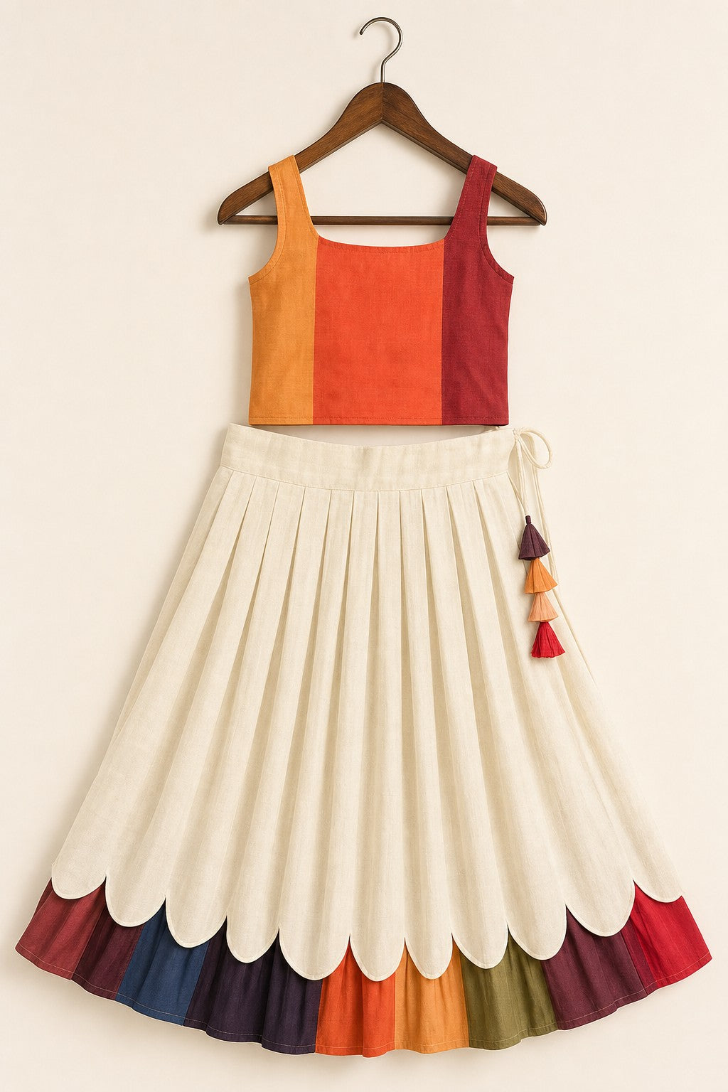 Girls Pleated Lehenga Set Cream - hanger flat product shot