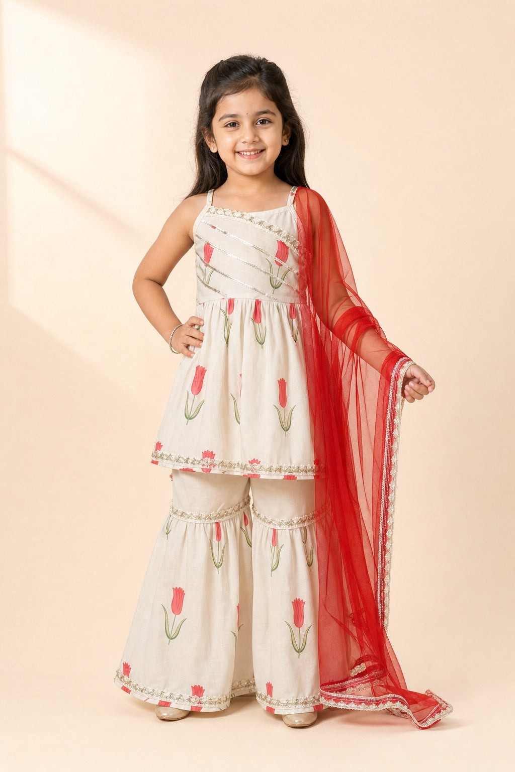 Girls Tulip Print Kurti Sharara Set Cream - front view