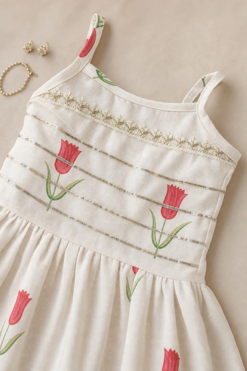 Girls Tulip Print Kurti Sharara Set Cream - close-up detail of pleated bodice