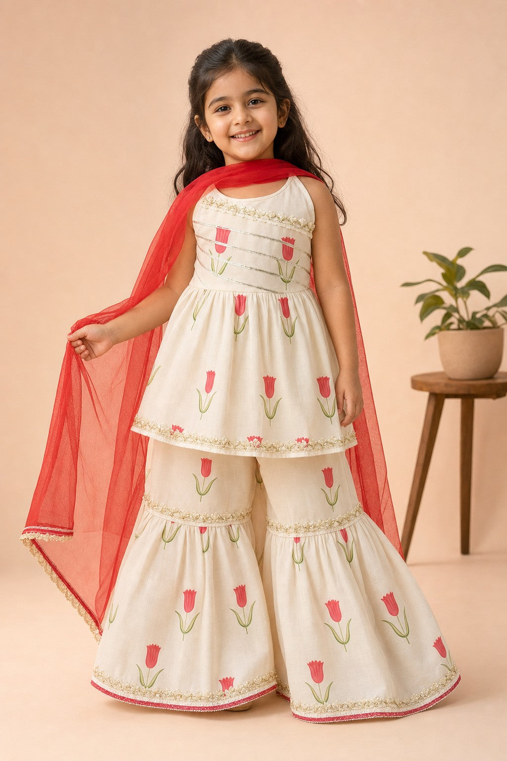 Girls Tulip Print Kurti Sharara Set Cream - festive lifestyle shot