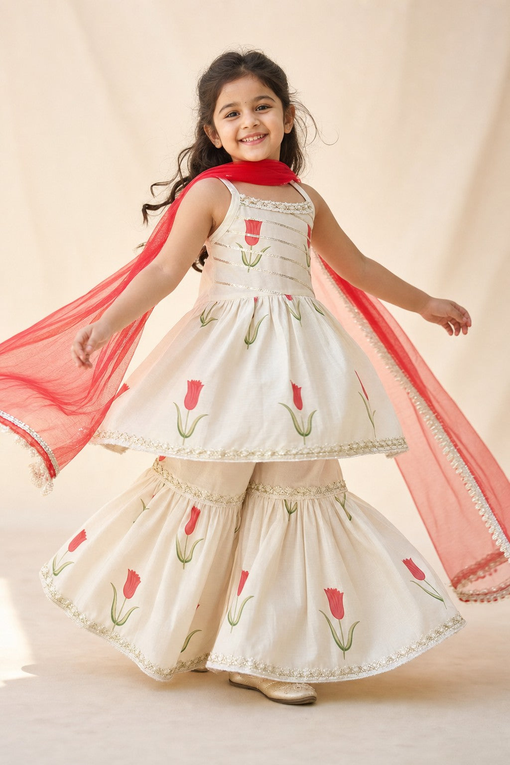 Girls Tulip Print Kurti Sharara Set Cream - twirl lifestyle shot