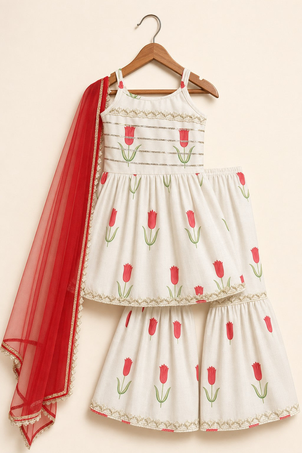 Girls Tulip Print Kurti Sharara Set Cream - hanger flat product shot with dupatta