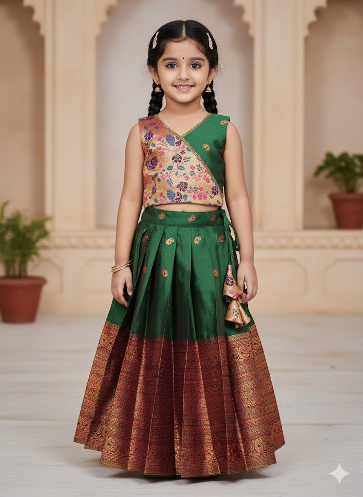 Girls Floral Brocade Lehenga Choli Set Green - front view