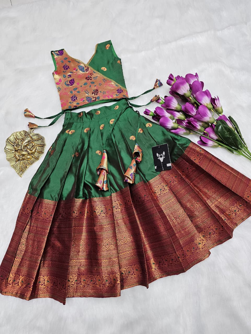 Girls Floral Brocade Lehenga Choli Set Green - close-up detail of outfit