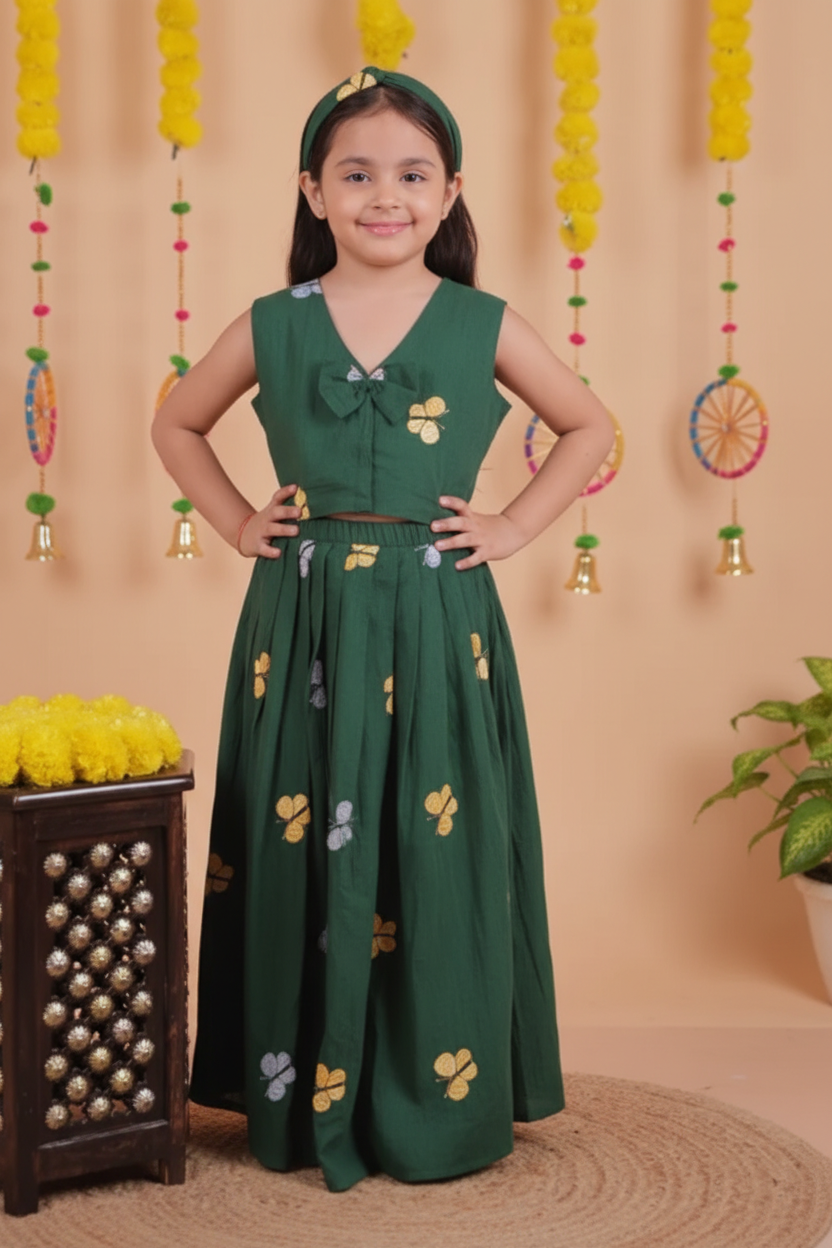 Girls Butterfly Embroidered Crop Top Skirt Set Green - front view