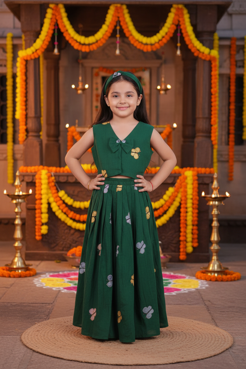 Girls Butterfly Embroidered Crop Top Skirt Set Green - festive lifestyle shot