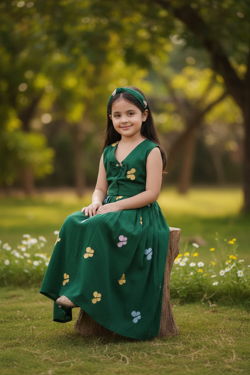 Girls Butterfly Embroidered Crop Top Skirt Set Green - lifestyle outdoor shot