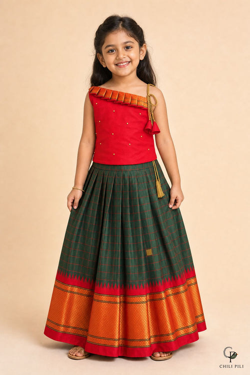 Girls Daman Silk Pattu Pavadai Forest Green - front view