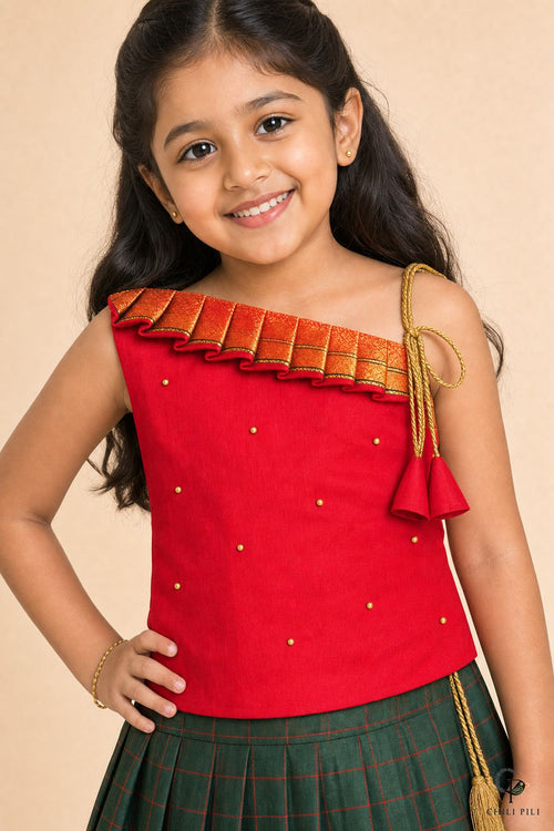 Girls Daman Silk Pattu Pavadai Forest Green - close-up detail of top