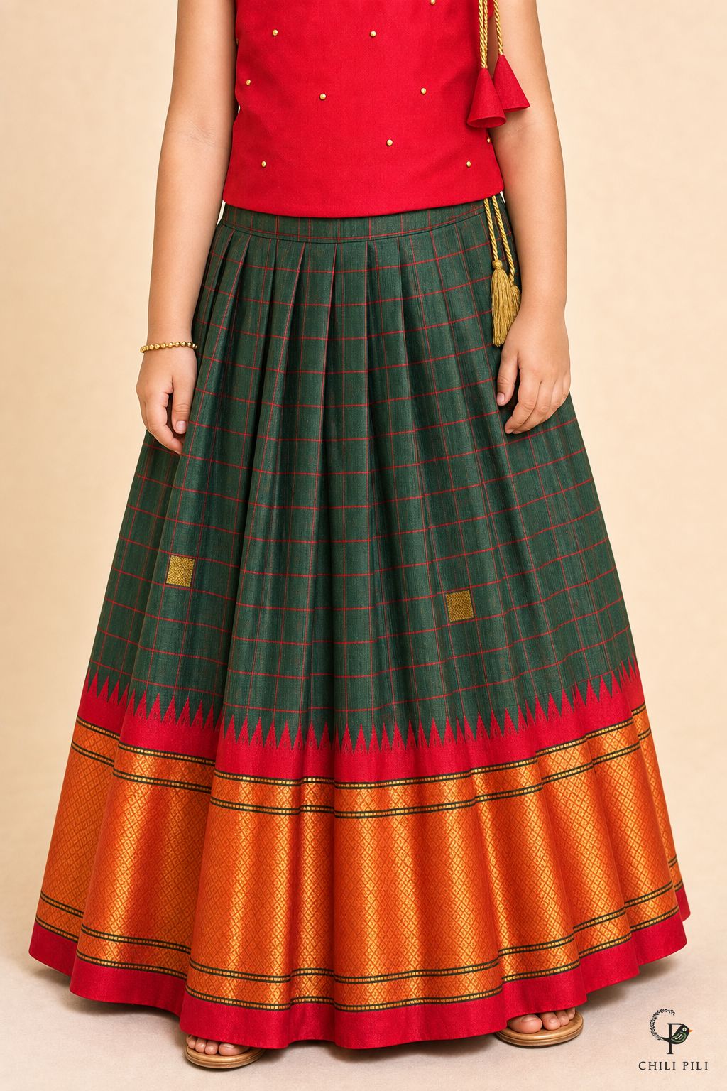 Girls Daman Silk Pattu Pavadai Forest Green - close-up detail of bottom
