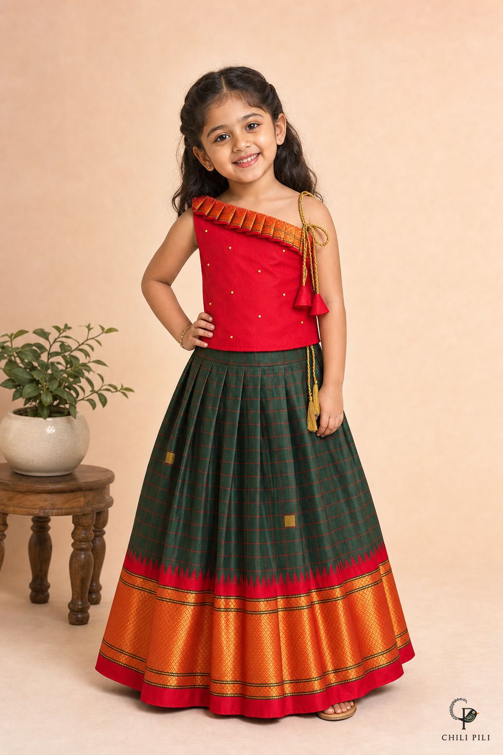 Girls Daman Silk Pattu Pavadai Forest Green - festive lifestyle shot