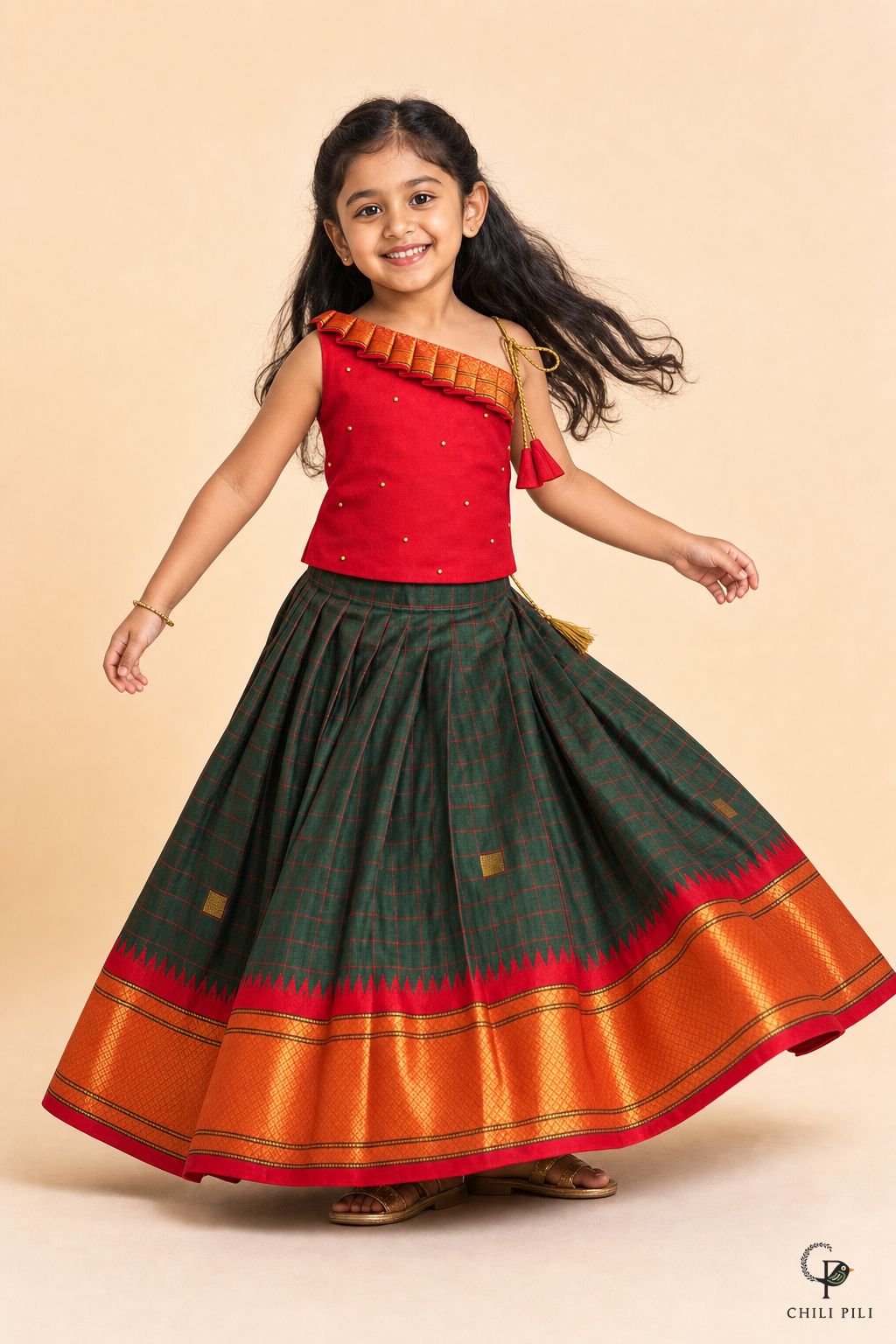 Girls Daman Silk Pattu Pavadai Forest Green - lifestyle movement shot