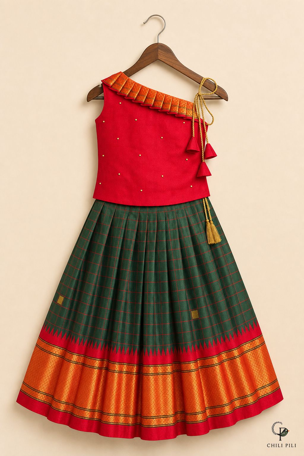 Girls Daman Silk Pattu Pavadai Forest Green - full set on hanger