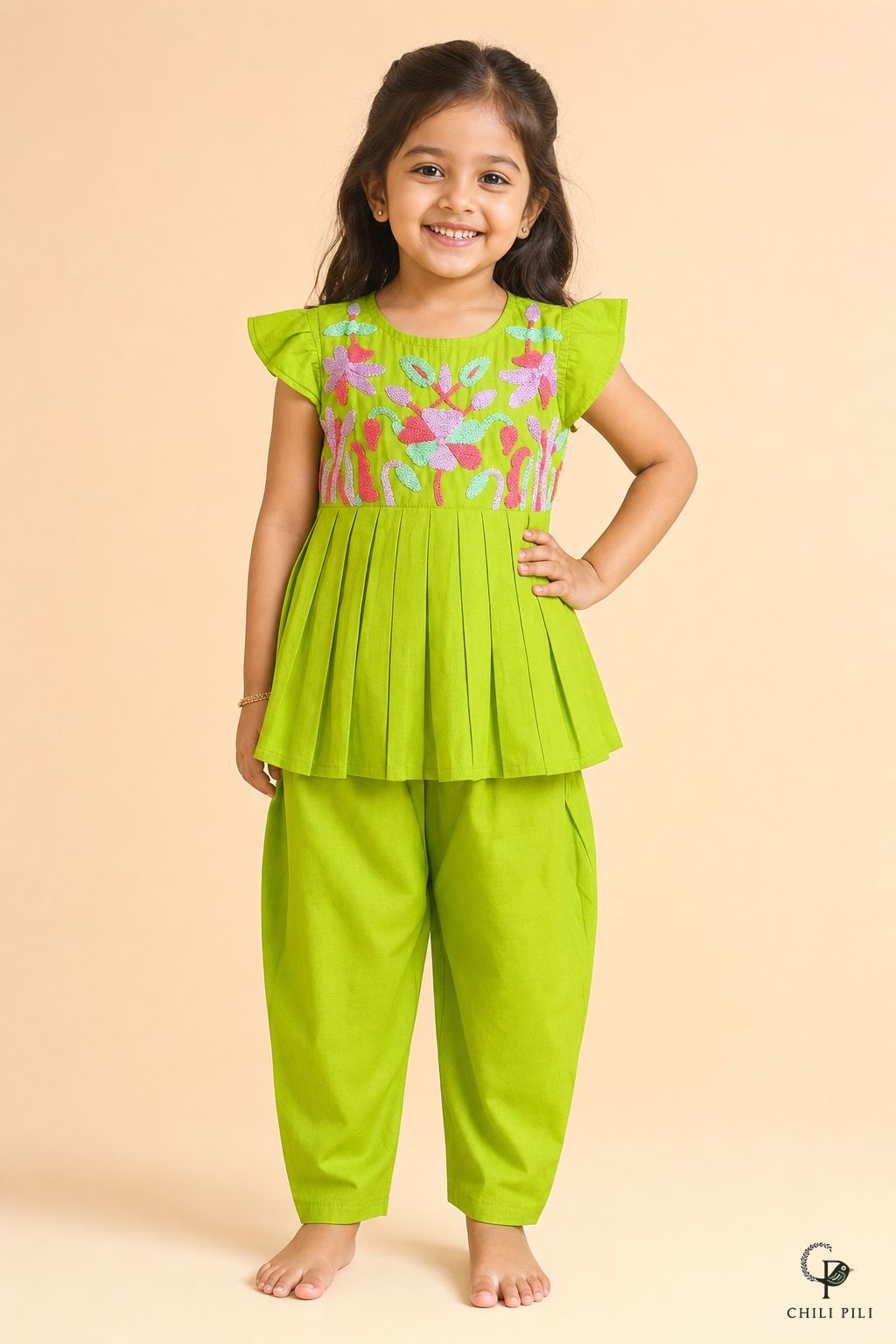 Girls Embroidered Peplum Kurti Salwar Set Green - front view