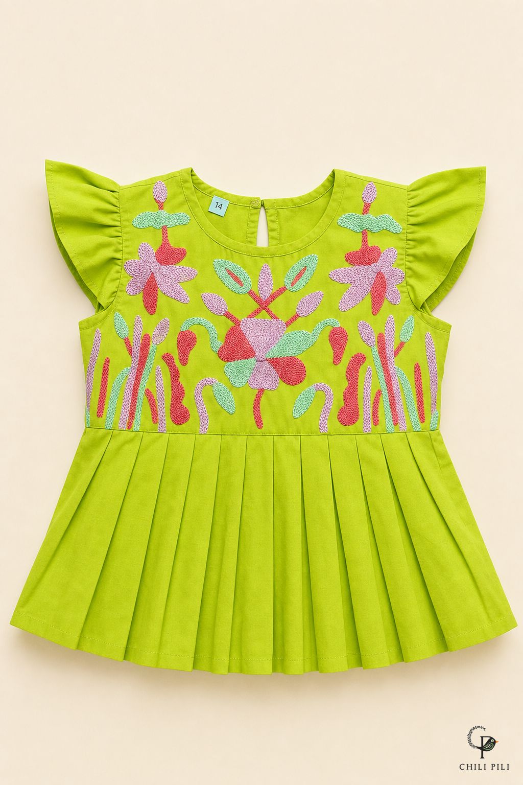 Girls Embroidered Peplum Kurti Salwar Set Green - close-up detail of top