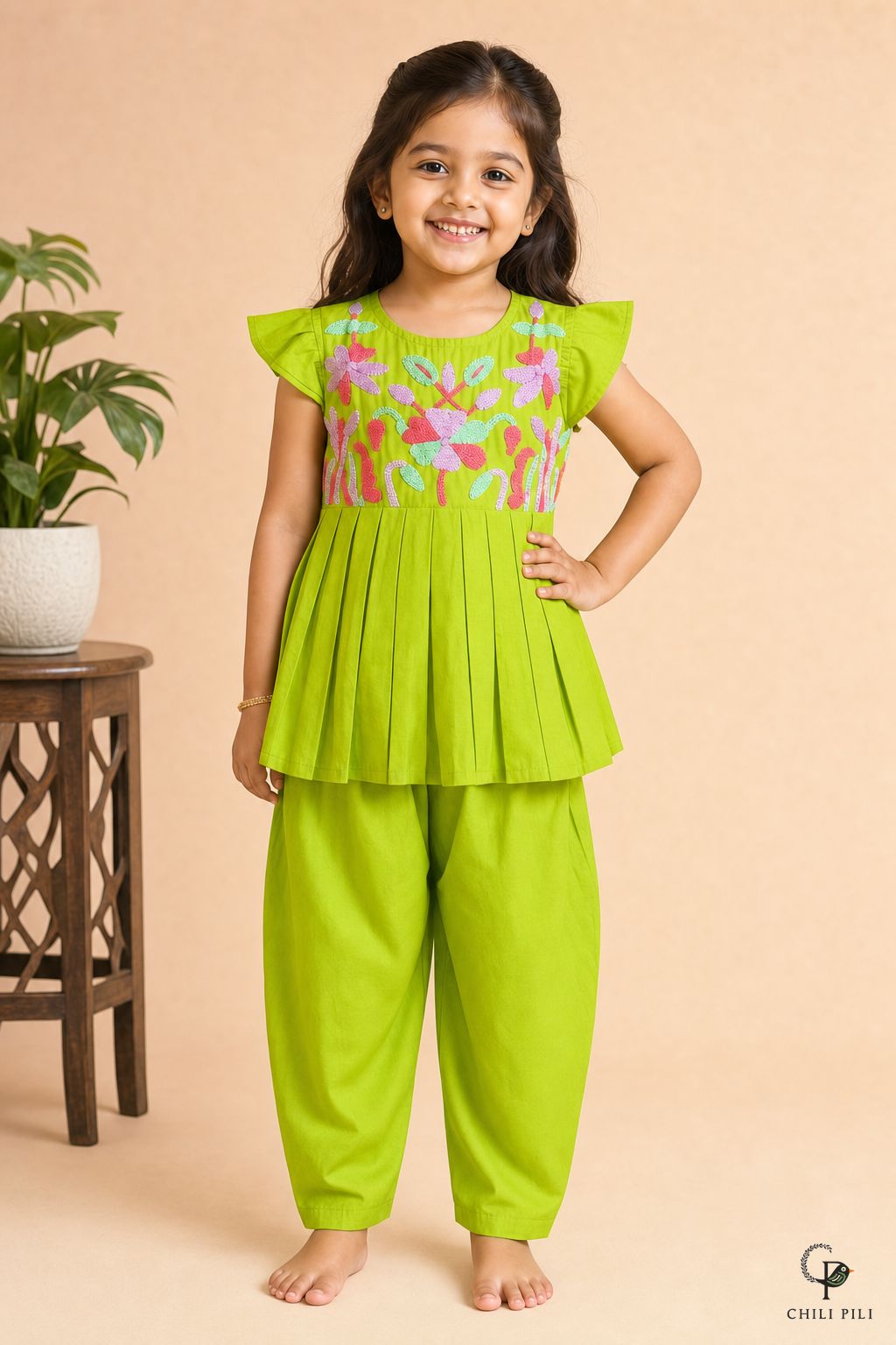 Girls Embroidered Peplum Kurti Salwar Set Green - festive lifestyle shot
