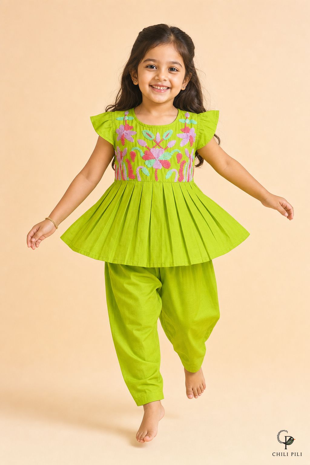 Girls Embroidered Peplum Kurti Salwar Set Green - lifestyle movement shot