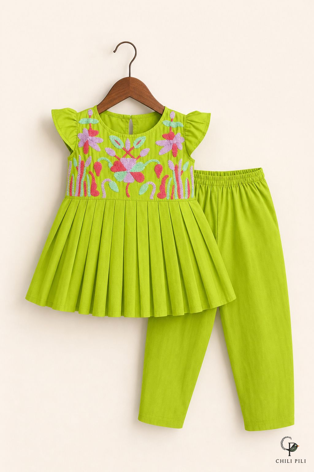 Girls Embroidered Peplum Kurti Salwar Set Green - full set on hanger