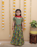 Girls Floral Printed Lehenga Choli Set Green - front view