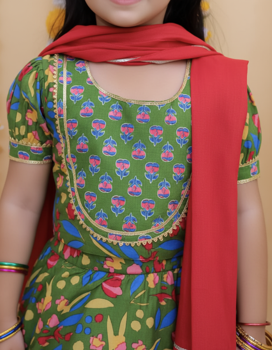 Girls Floral Printed Lehenga Choli Set Green - close-up detail of blouse