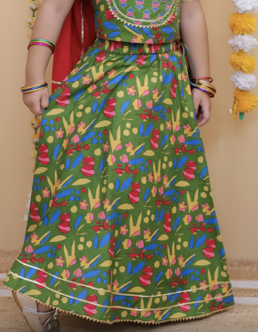 Girls Floral Printed Lehenga Choli Set Green - close-up detail of lehenga and border