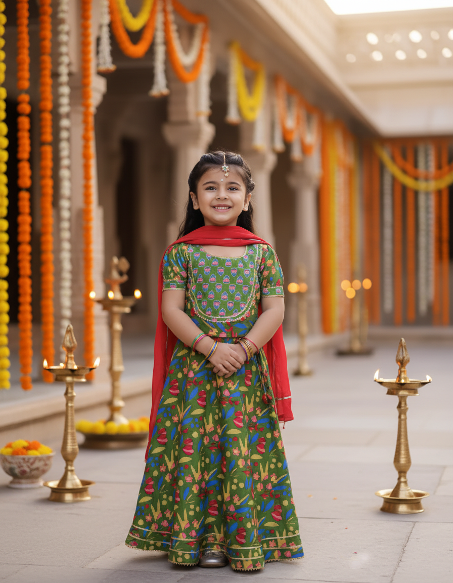 Girls Floral Printed Lehenga Choli Set Green - festive lifestyle shot