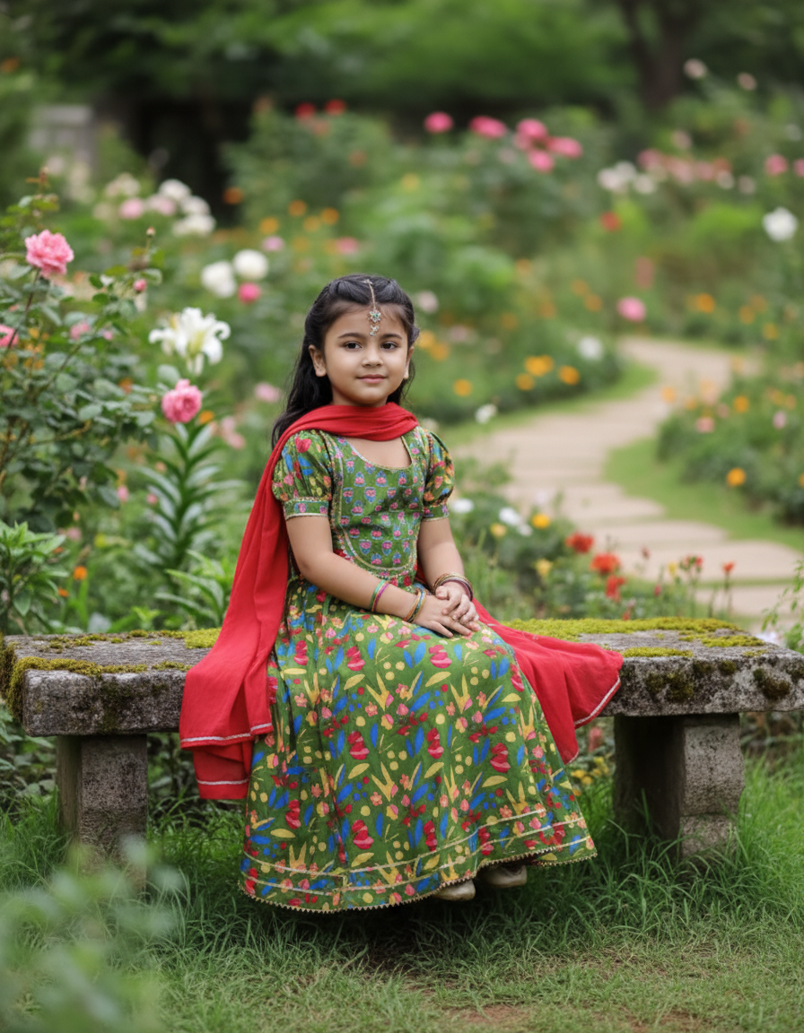 Girls Floral Printed Lehenga Choli Set Green - lifestyle outdoor shot