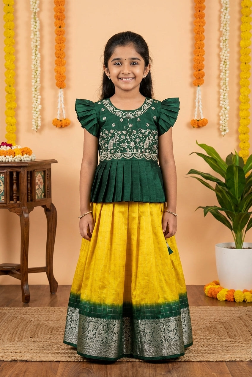 Embroidered Silk Pattu Pavadai Set Green