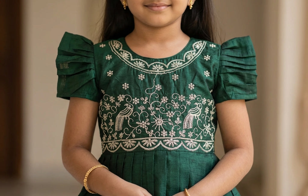 Embroidered Silk Pattu Pavadai Set Green