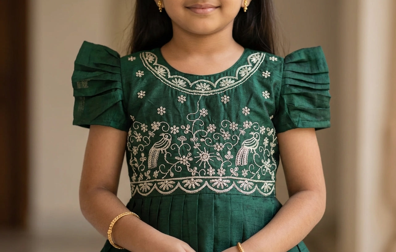Embroidered Silk Pattu Pavadai Set Green