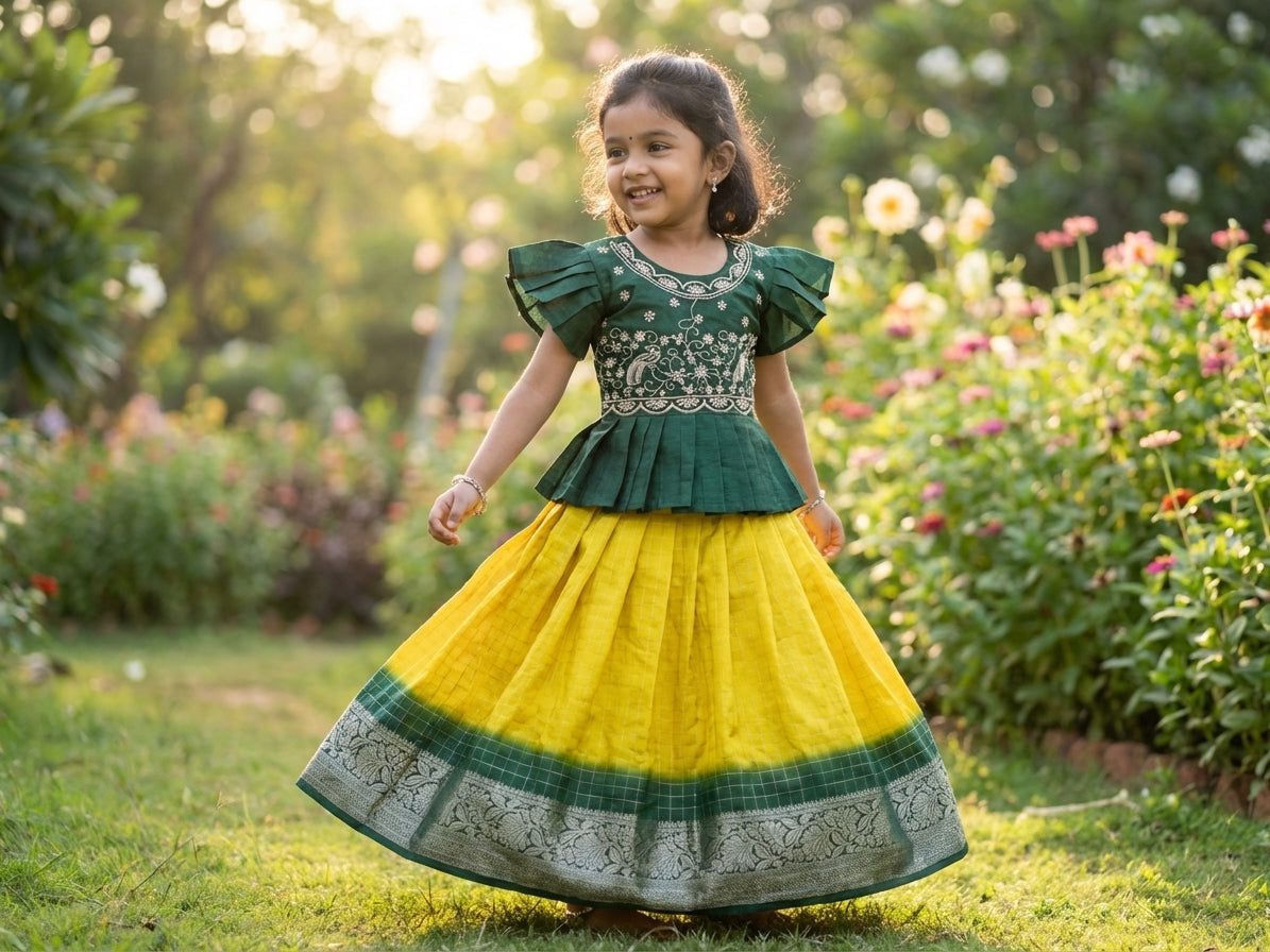 Embroidered Silk Pattu Pavadai Set Green