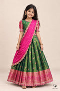 Girls Zari Butta Pattu Pavadai Green Pink - front view