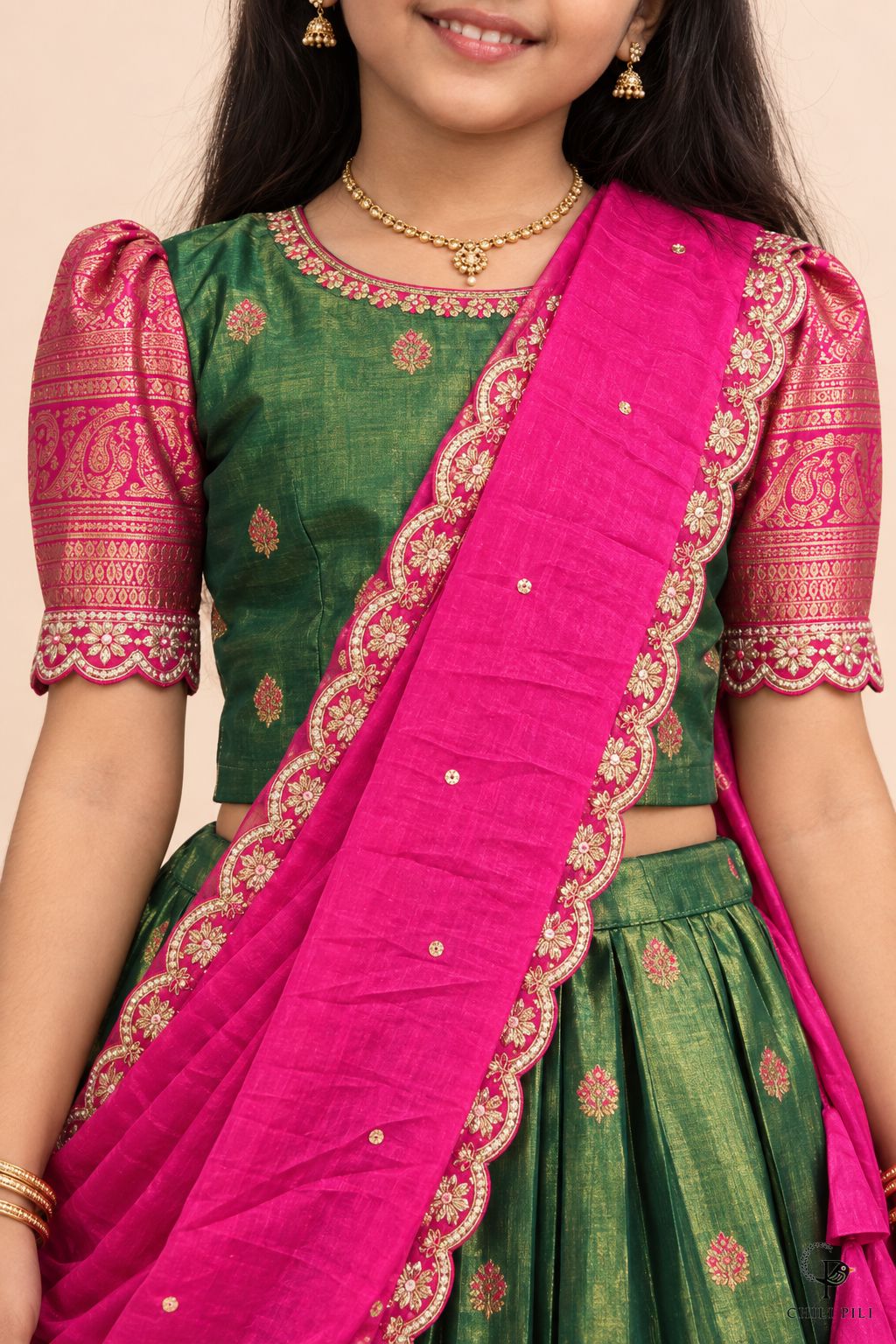 Girls Zari Butta Pattu Pavadai Green Pink - close-up detail of top