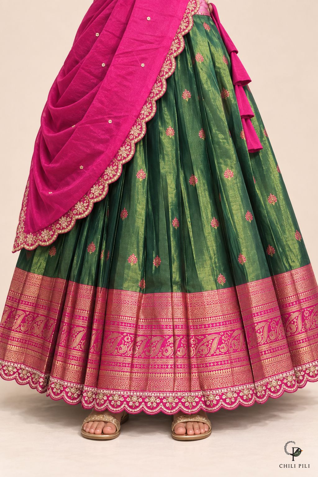 Girls Zari Butta Pattu Pavadai Green Pink - close-up detail of skirt border