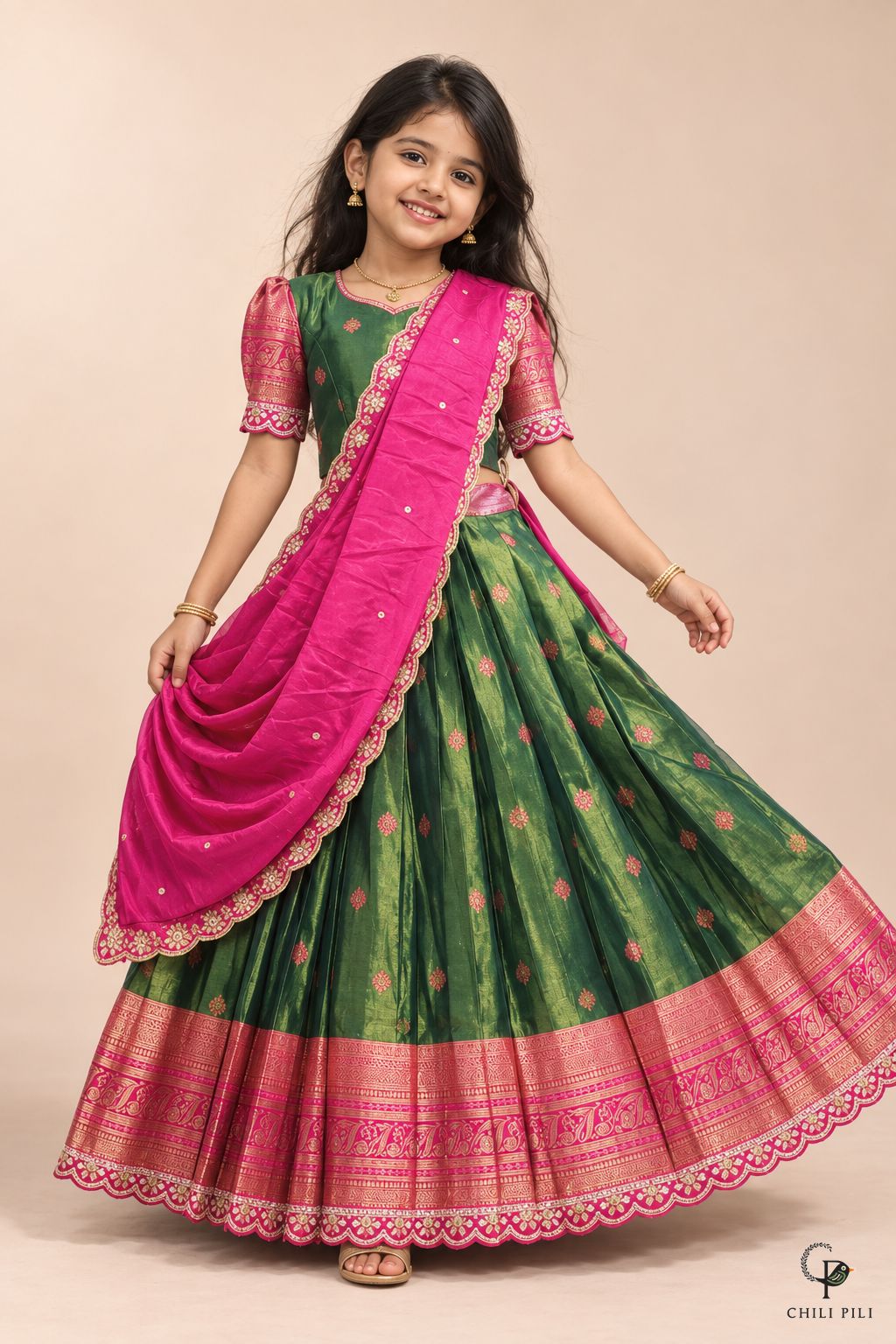 Girls Zari Butta Pattu Pavadai Green Pink - lifestyle movement shot