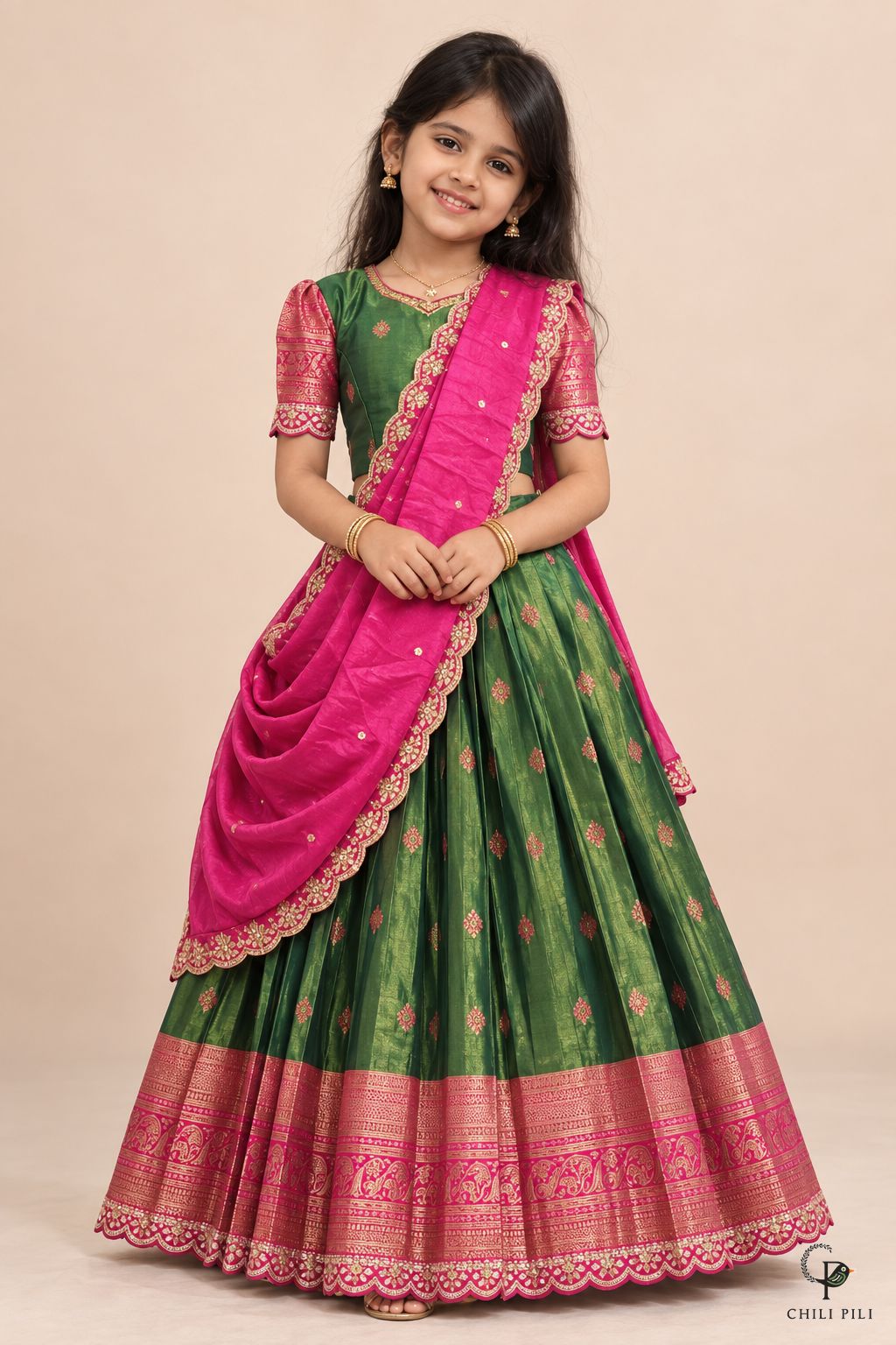 Girls Zari Butta Pattu Pavadai Green Pink - how the dupatta is worn