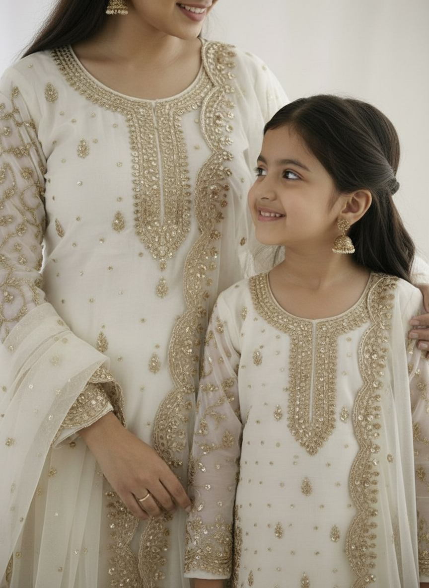Ivory Embroidered Sharara Set (Girl) - close-up of top and embroidery