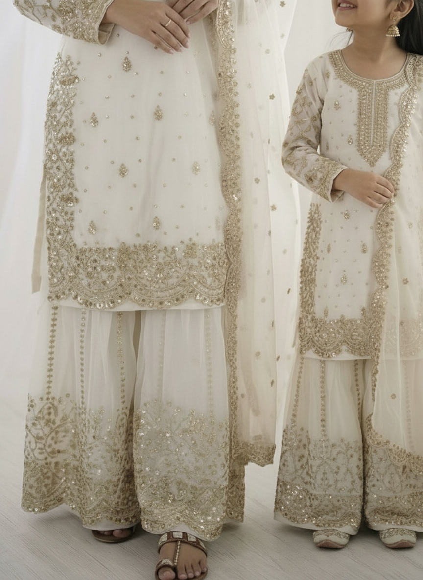 Ivory Embroidered Sharara Set (Girl) - close-up of bottom and hem