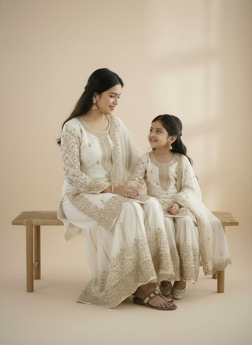 Ivory Embroidered Sharara Set (Girl) - lifestyle seated shot