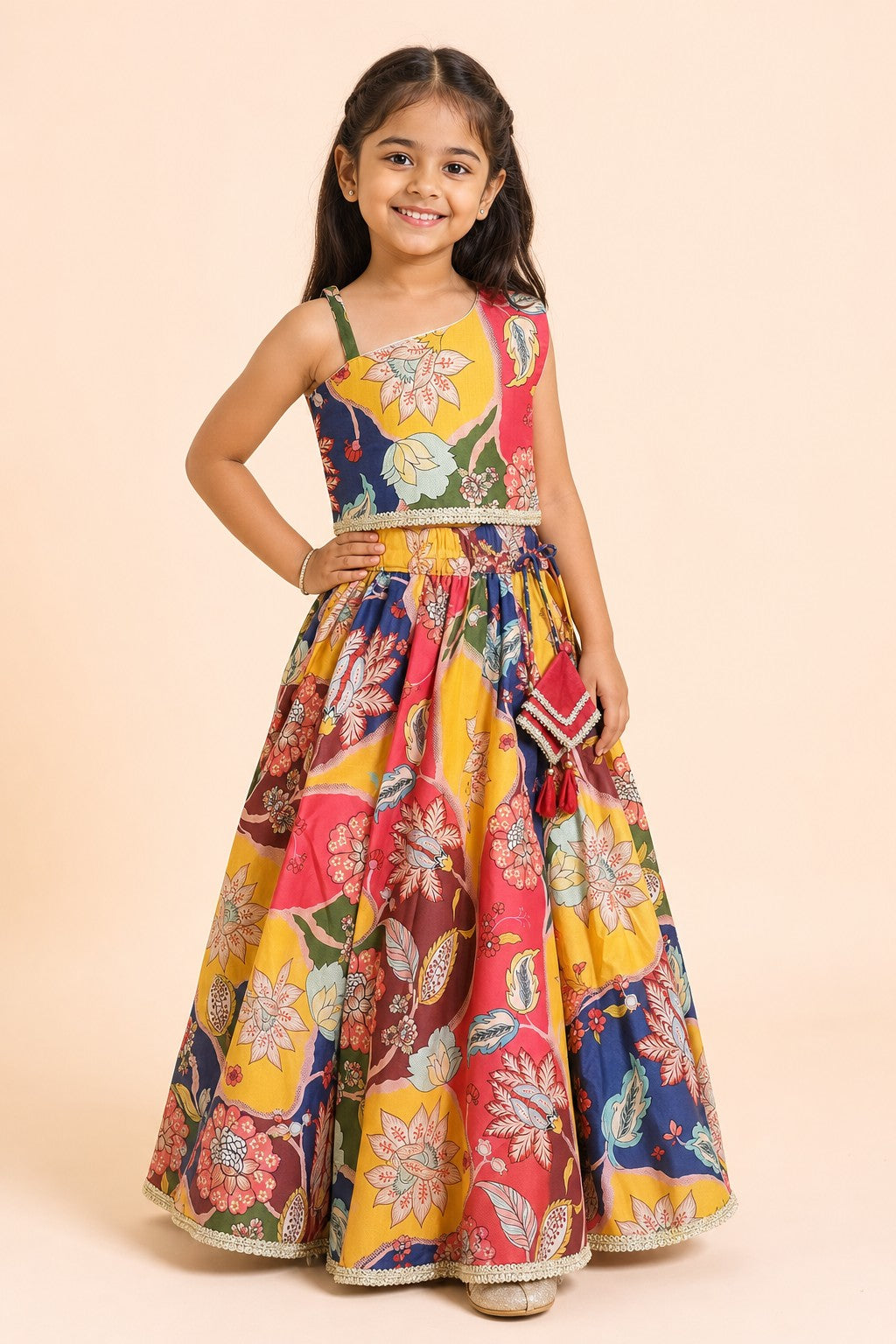 Girls Kalamkari Multicolour Lehenga Set - front view