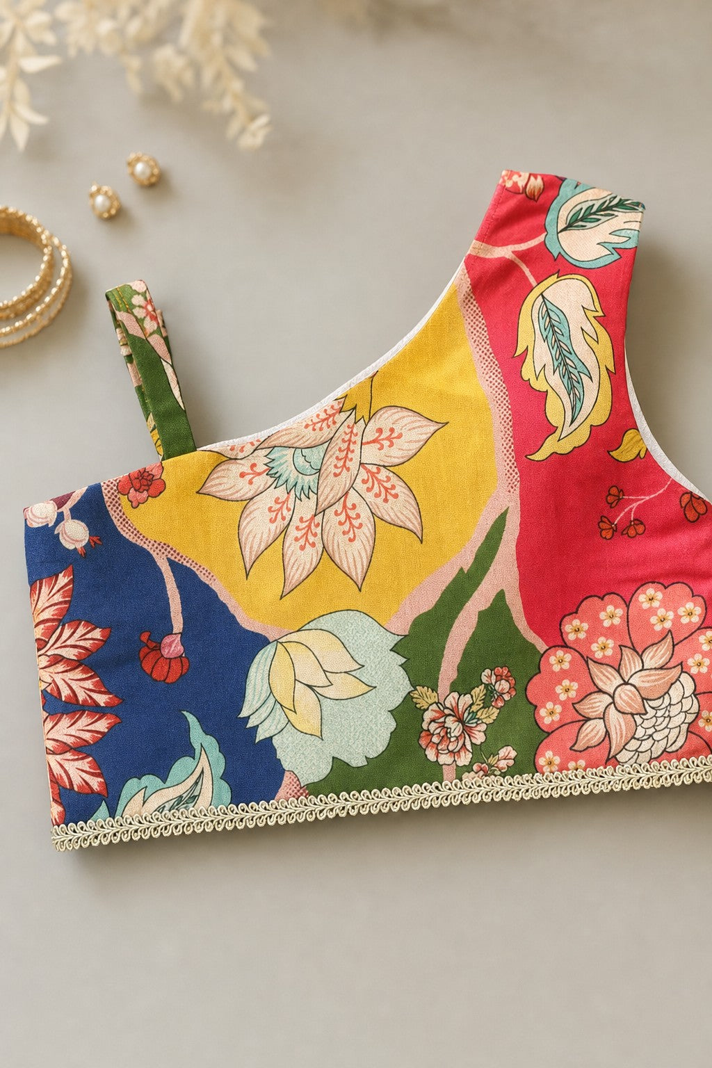 Girls Kalamkari Multicolour Lehenga Set - close-up detail of one-shoulder top