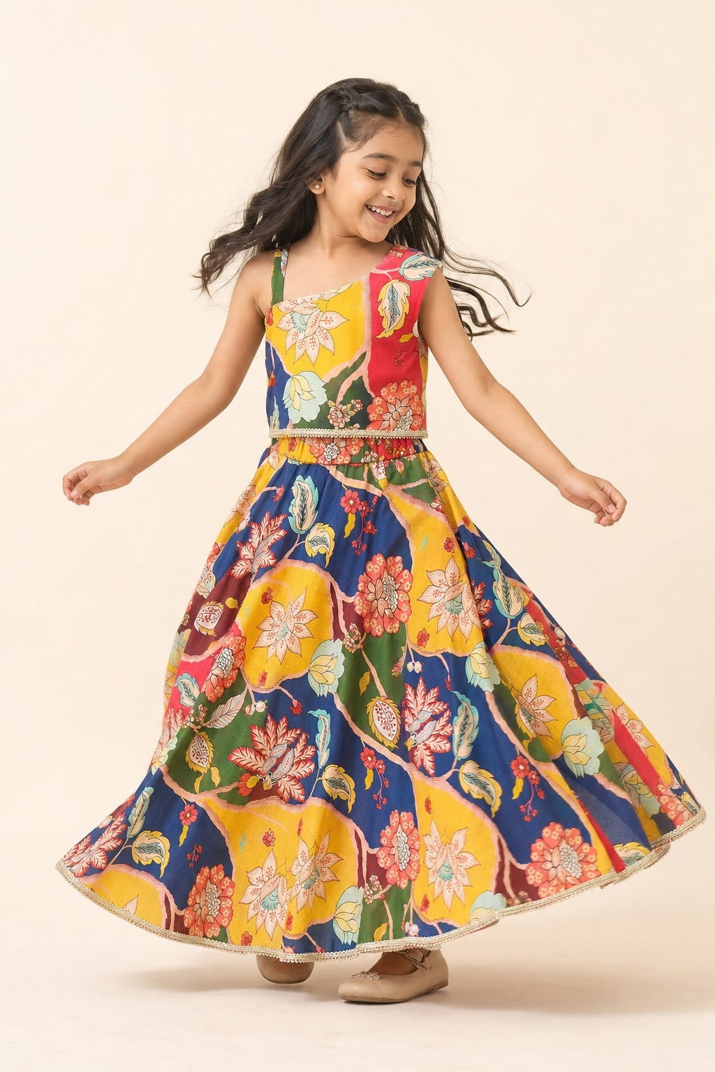 Girls Kalamkari Multicolour Lehenga Set - twirl lifestyle shot