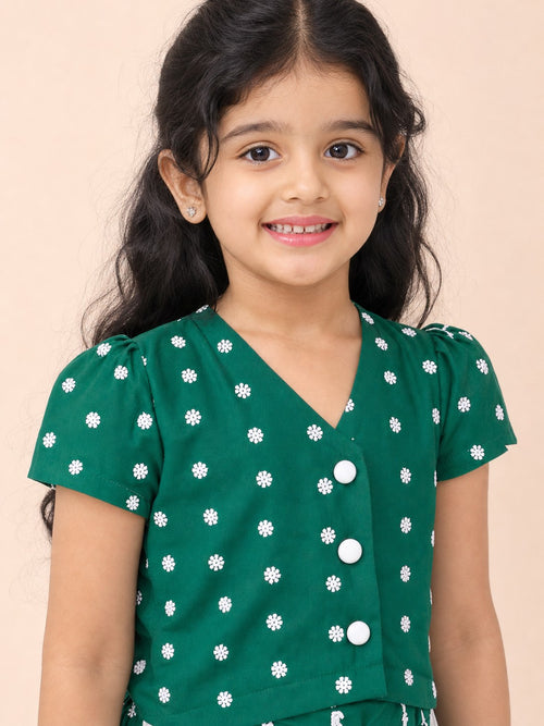 Girls Embroidered Co-Ord Set Green - closeup top