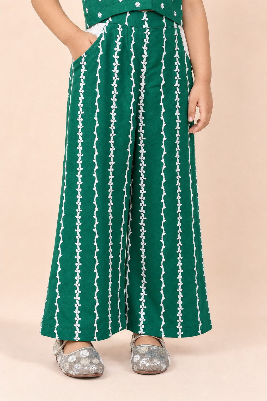 Girls Embroidered Co-Ord Set Green - closeup bottom