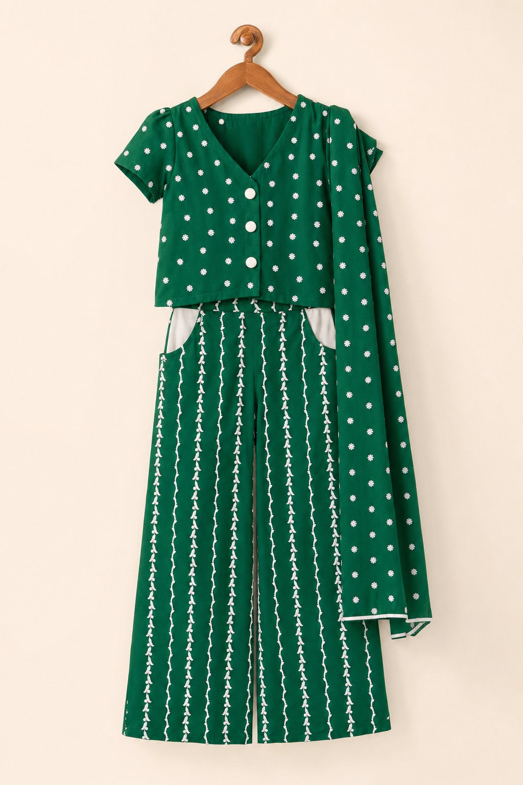 Girls Embroidered Co-Ord Set Green - hanger