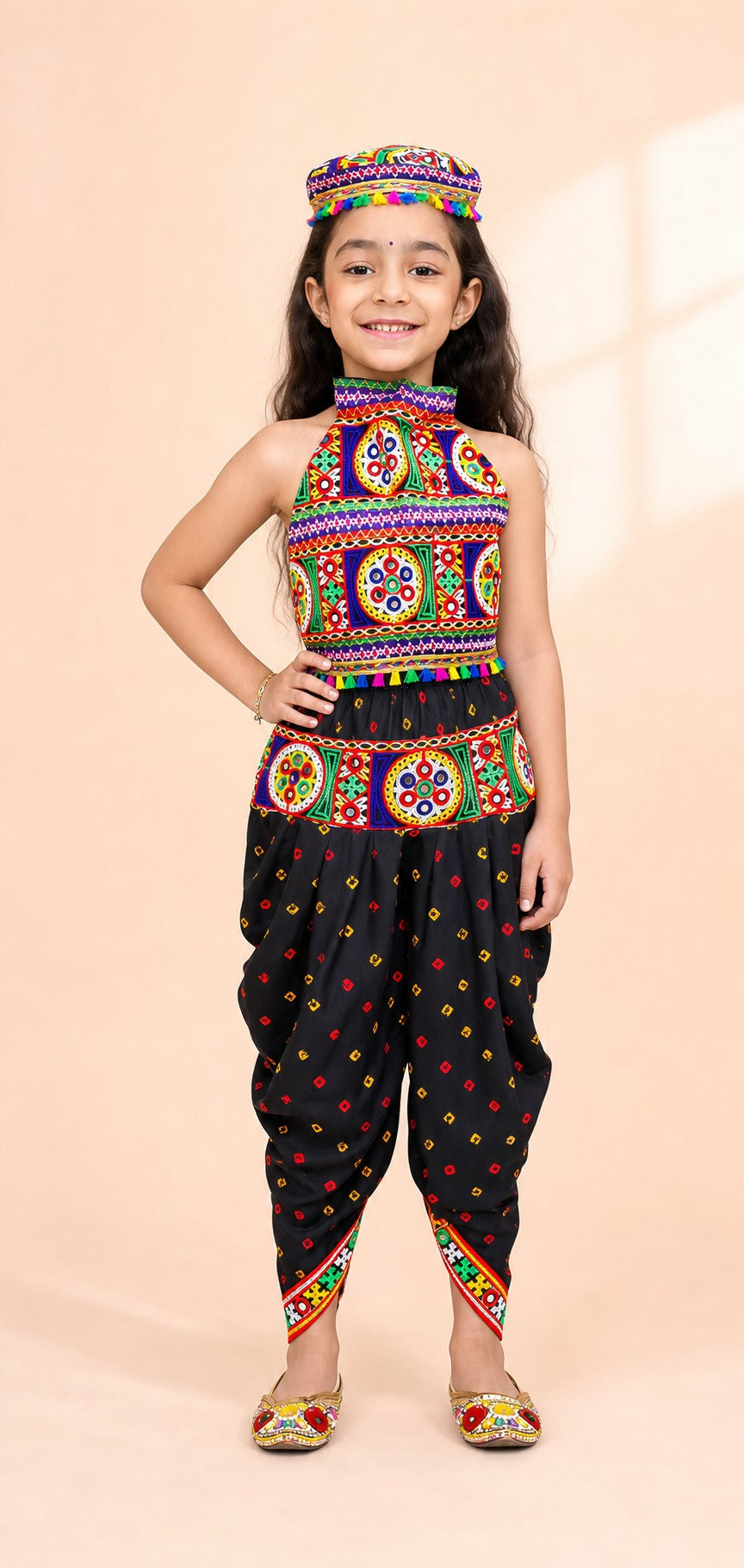 Girls Dandia Nights Dhoti Set With Cap Black - hero