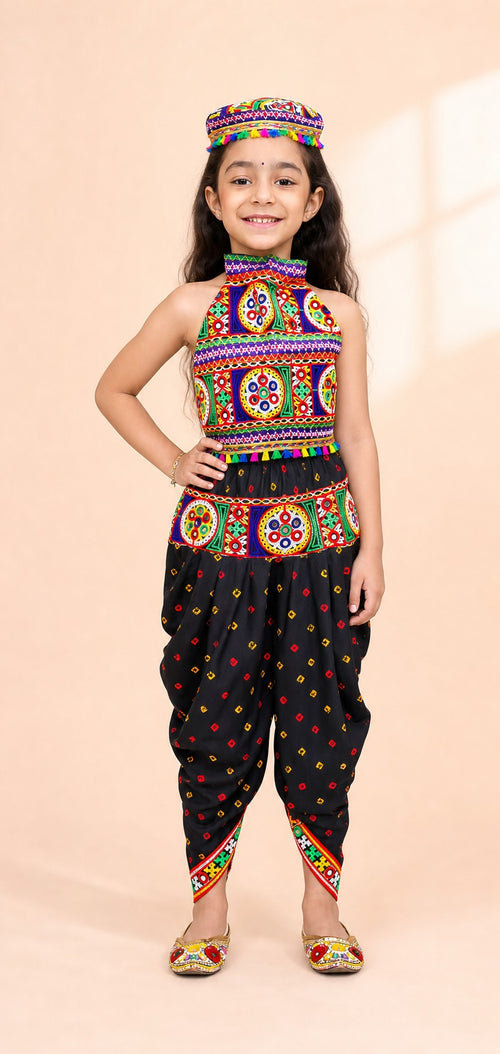 Girls Dandia Nights Dhoti Set With Cap Black - hero