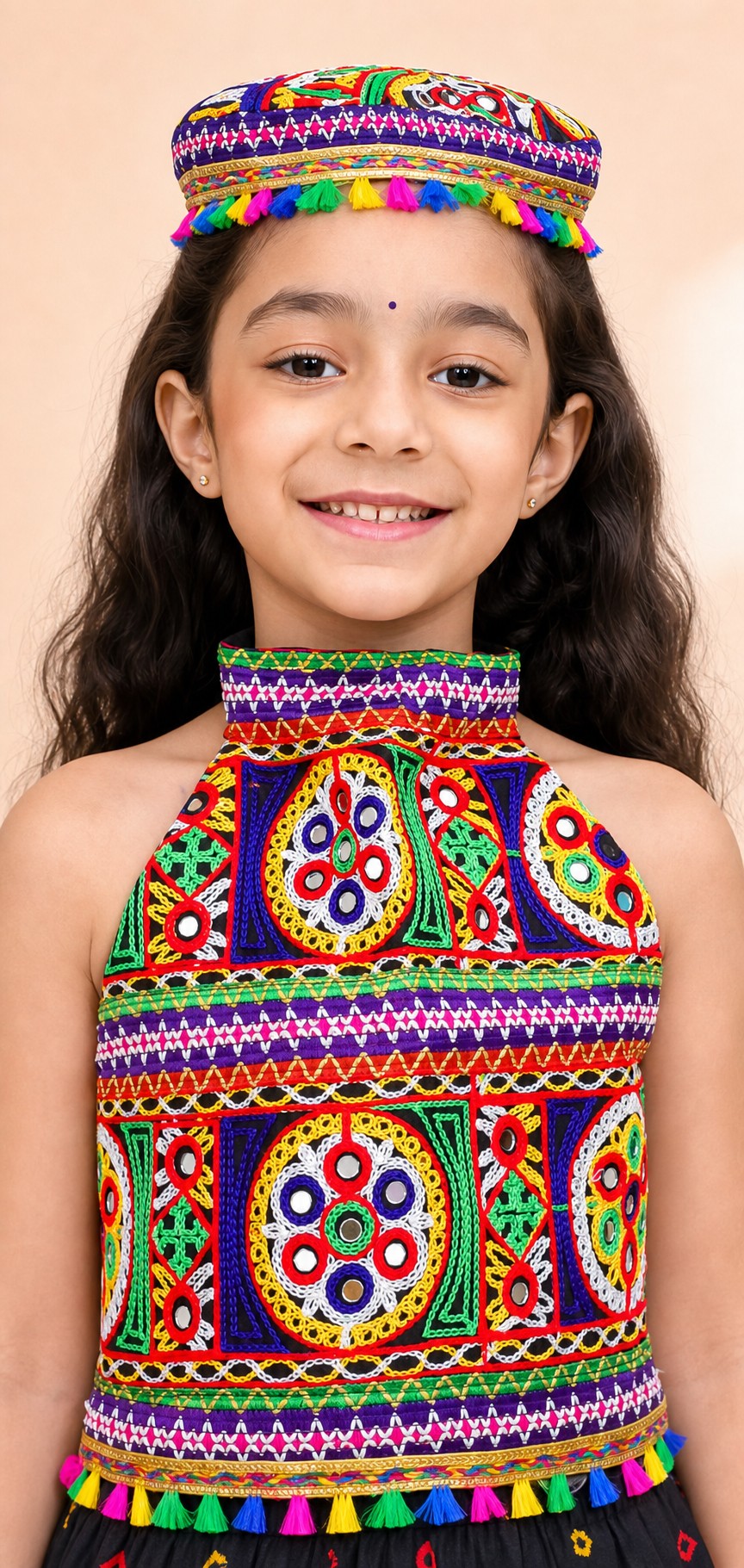 Girls Dandia Nights Dhoti Set With Cap Black - closeup top