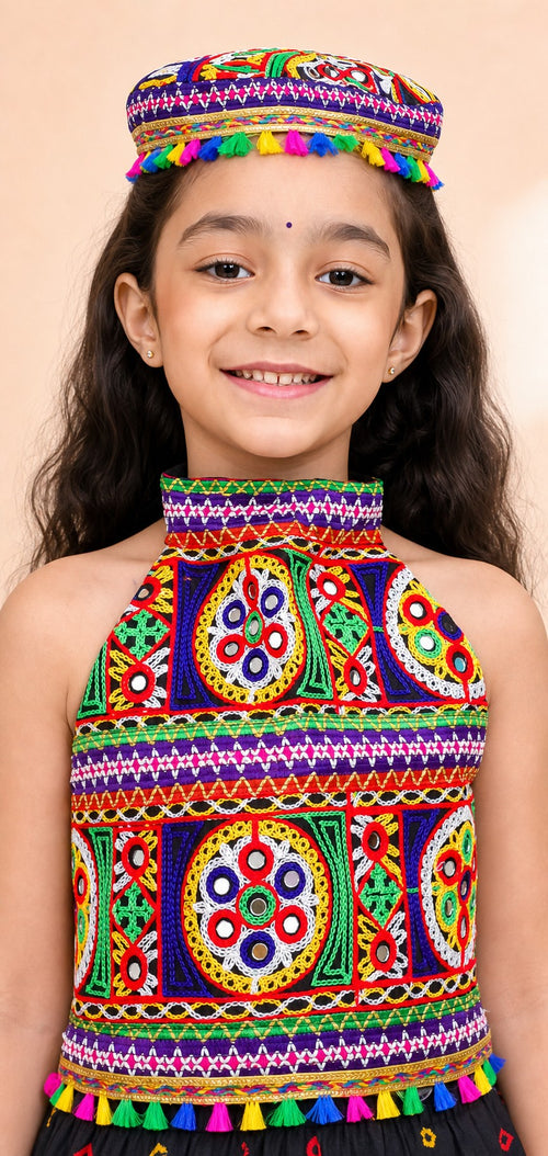 Girls Dandia Nights Dhoti Set With Cap Black - closeup top